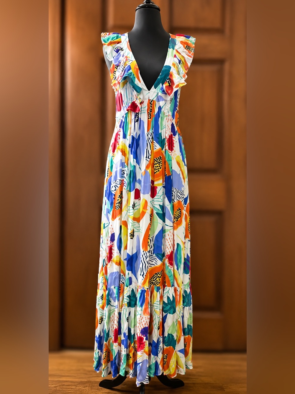 Oliphant  small Tropical  Print Ruffle V Neck Maxi Dress Resort Boho Vacation - Picture 2 of 6
